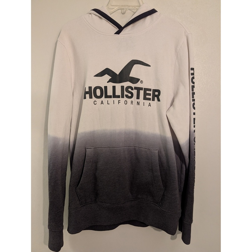 Hollister California Mens Large Ombre Dip Dye Graphic Hoodie White Grey 322F2362